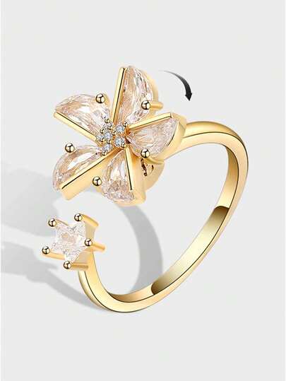 1pc Fashion Ins Style Luxury Brass Alloy Zirconia Star Windmill Decor Rotatable Adjustable Ring, Suitable For Women Daily/Party Wear, Gift For Girlfriend/Bestie