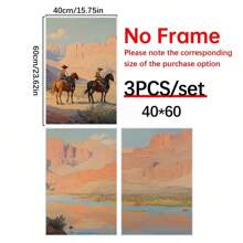 3pcs Cowboy 3 PiecesWall Art, Western Oil Painting Set Of Three Prints, Desert Landscape, Rodeo Horseback Riding Equestrian Decor