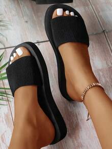 女士简约休闲新款黑色平底拖鞋，舒适轻便室内拖鞋，适合学生、沙滩、夏威夷 - 黑色 - 查看 2