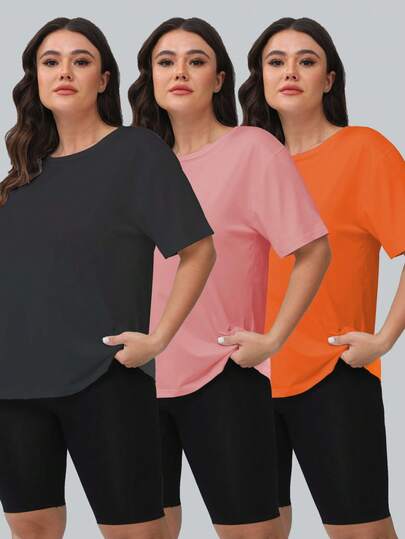 大码女装三件套：圆领落肩运动休闲纯色T恤