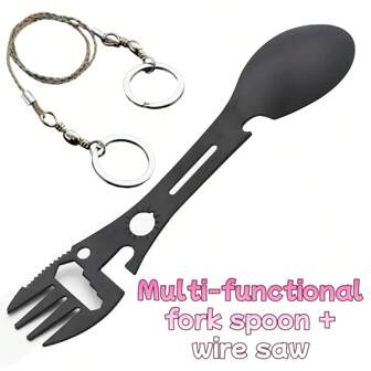 1 قطعة شوكة متعددة الوظائف للتخييم 2 في 1، من الفولاذ المقاوم للصدأ عالي الجودة مع فتاحة زجاجات، مفتاح ربط وظائف أخرى + 1 قطعة منشار جيب صغير محمول، منشار بقاء للاستخدام الخارجي، مناسب للتخييم والرحلات البرية والصيد، أدوات منزلية، خفيف الوزن وصغير الحجم، معدات البقاء في الهواء الطلق، أداة طوارئ، رياضة وتخييم، متين وغير قابل للتشوه، مع منشار وشوكة ومفتاح سداسي وبوصلة وفتاحة زجاجات ومفتاح ربط قابل للتعديل