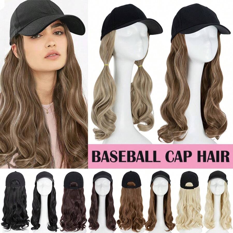 16inch/40cm Baseball Cap With Curly Hair Extensions Hat Wig Hairstyle For Women Adjustable Hat With Synthetic Wig Attached Long Wavy Hair Black Baseball Cap Hat Wig Easy Wear Blonde Brown Black Removable Hairpiece Halloween Christmas Party Daily Use - 彩色 - 查看 1