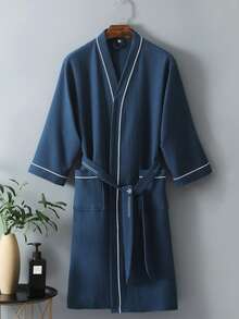 1pc Waffle Texture Bathrobe, Unisex Adult Kimono Robe, Spring/Summer Loungewear, Hotel/Home Use, Absorbent & Quick Drying, Loose Fit, White/Pink/Green/Navy Colors, Bathroom & Home Essentials - Navy Blue - View 6