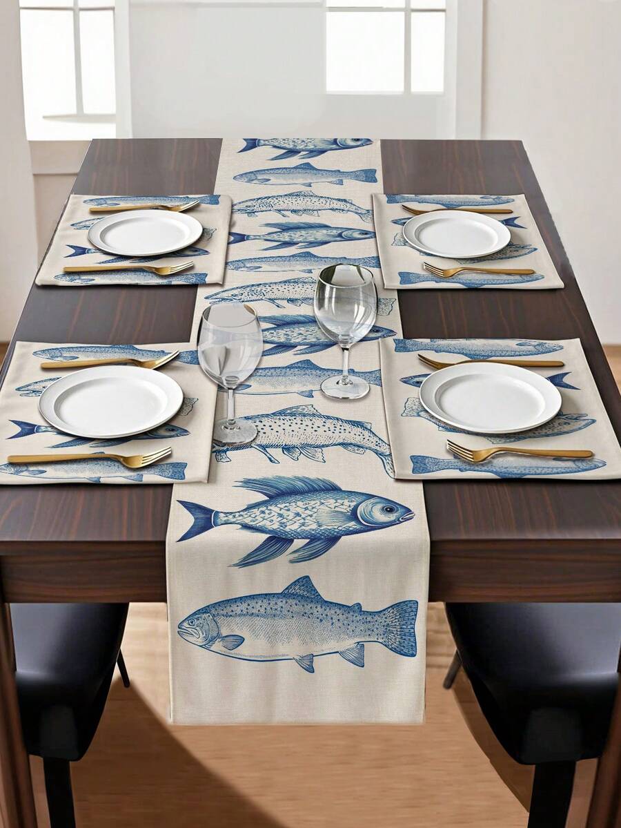 1pc Ocean Theme Printed Table Runner, 4/6/8pcs Ocean Printed Placemats, Suitable For Holidays, Parties, Birthdays, Dinners, Kitchen & Dining Room Decor, Year-Round Home Decoration, Table Linens
