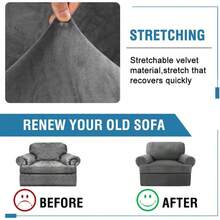 Sofa Cover 3 Piece T Cushion Loveseat Slipcovers Thick Velvet Couch Cover Stretch T Cushion Sofa Covers For 2 Cushion Couch With 2 Individual T Cushion Covers Washable, Stone Blue - 中性灰色 - 查看 5