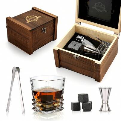 Whiskey Stones, Whiskey Glass Gift Set Whiskey Gift Sets For Men 1 Whiskey Glasses In Wooden Box, Father's Day/Christmas/Birthday Gift/Present For Father Dad Boyfriend (Inclined Glass)