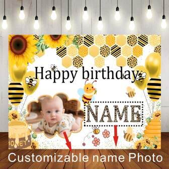 1pc Customizable Name Photo Bee Themed Happy Birthday Backdrop Fabric Cartoon Bee Hive Sunflower Honey Design Personalized Honey Themed Name Photo Decoration On Birthday BabyShower Party Cake Crush Decoration Photography Banner Vinyl,Graphic Print