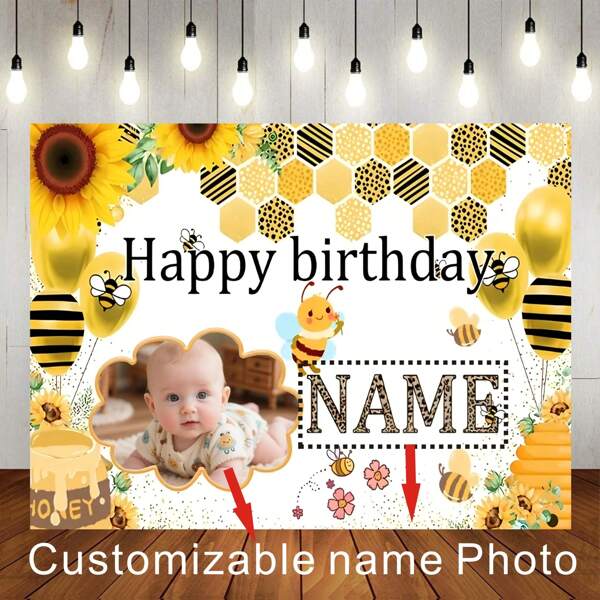 1 pieza Telón de fondo personalizable con foto, nombre y tema de abeja para fiesta de cumpleaños, baby shower o decoración de pastel. Diseño de panal de abeja, girasol y miel. Decoración fotográfica personalizada, multifuncional, duradera, ornamental, reutilizable, exquisita, elegante, de alta calidad, colorida, moderna, personalizada, única, regalo ideal para él, ella, novio, papá, novia, mamá, familia, amigos, salón de té, hogar, jardín, oficina, para aniversarios, San Valentín, Día de la Madre, cumpleaños, Día del Padre, graduación, bodas, inauguración de casa.