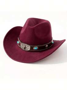 1pc Unisex Western Cowboy Hat With Removable Turquoise Bead Silver Cow Decor Band, Suitable For Party Gathering And Daily Wear