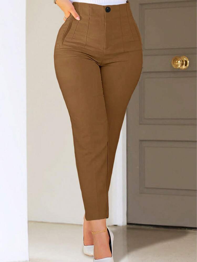 Pantalones casuales/de oficina de unicolor con ajuste ceñido para mujer - Marrón - Añade 6