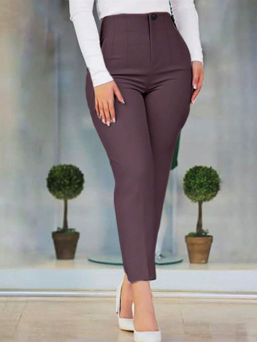 Women's Solid Color Slim Fit Casual Work Pants - Purple - View 1