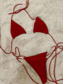 Polovedo 官方新款春夏欧美风女士纯红色露背系带性感比基尼两件套泳衣，适合海滩度假派对约会 - 紅色 - 查看 1