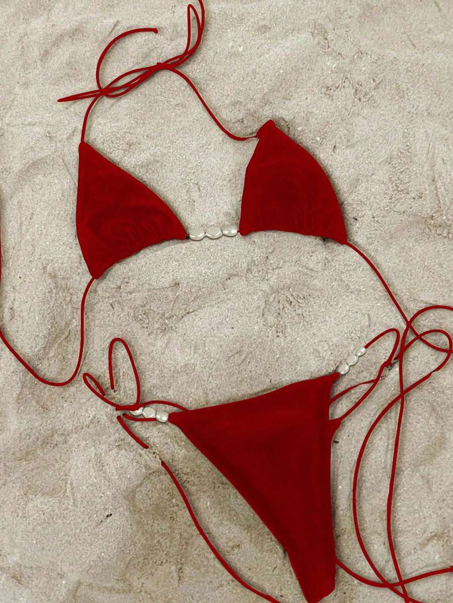 Polovedo 官方新款春夏欧美风女士纯红色露背系带性感比基尼两件套泳衣，适合海滩度假派对约会 - 紅色 - 查看 1