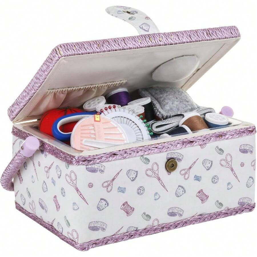 Local Delivery-Large Wooden Sewing Box With Accessories Sewing Storage And Organizer With Complete Sewing Kit Tools, White Purple Sewing Basket With Removable Tray And Tomato Pincushion For Sewing Mending - Classic Mauve - View 1