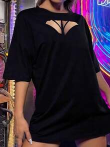 Camiseta corta sexy para mujer con aberturas, manga corta, color negro, estilo crop top, estética E-Girl, estilo Y2K, moda casual, top para fiestas, festivales y noches - Negro - Ver 2