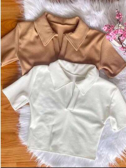 Cropped Manga Curta Gola Feminino Canelado