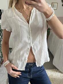Women Y2K Button Down Shirt Coquette Lace Short Sleeve V Neck Blouses Top Vintage Preppy Crop Top Shirt - 白色 - 查看 1