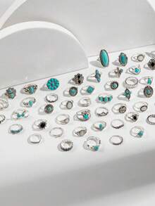 20Pcs/Lot Retro Bohemian Style Turquoise Rings For Women Mix Style Blue Artificial Stone Finger Jewelry Set Party Gifts Random Style - 20 Random Turquoise Pinky Rings - View 3