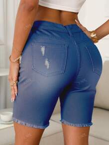Shorts vaqueros de talle medio con desgarros de unicolor para mujer en verano