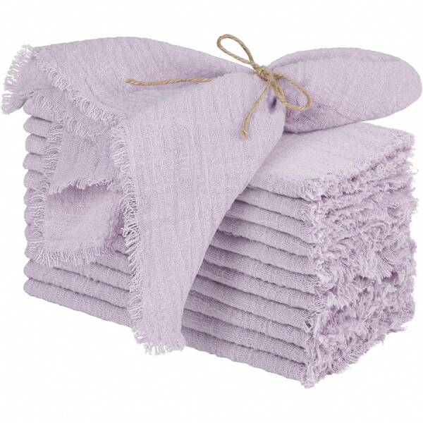Handgemaakte servetten van katoen en linnen, 12 stuks met kwastjes, 43 x 43 cm, kreukvrij, zacht, wasbaar, dinerservetten voor bruiloften, rustieke vierkante servetten met kwastjes voor diner, bruiloft, feest (paars)