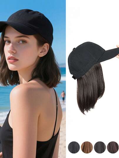 8 Inch Hat Wigs Synthetic Short Bob Straight Wigs With Black Baseball Cap Adjustable Hat Wigs With Straight Synthetic Hair Extension For Women Girls