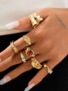 Set de 1 inele aurii, stil vintage, cu monedă, elegant, geometric, cu cristale, bandă netedă personalizată din metal lichid pentru femei