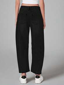 Damen einfarbige Lässig Knopf-Reißverschluss-Taschen Jeans, geeignet für den täglichen Gebrauch in allen Jahreszeiten - Schwarz - Übersicht 3