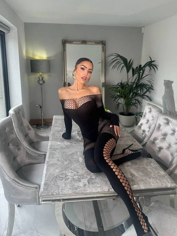 Sexy Wäsche Damen, sexy durchsichtige Damen Jumpsuit Outfits, Mesh Ausschnitt Crop Top, figurbetonter Langarm Jumpsuit