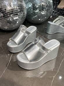 Ciabatte da donna con suola spessa e tacco alto, sandali con zeppa e punta aperta in argento personalizzati alla moda, comodi e casual con zeppa da 9 cm, adatti per uso interno ed esterno, con cinturino in pelle PU antiscivolo e leggeri, adatti per la spiaggia