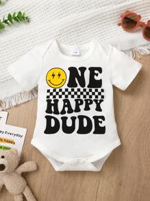 2pcs/Set Casual Cute Baby Boy One-Piece Outfit, Soft, Breathable, Comfortable, Fun Letter & Face Pattern Short Sleeve Bodysuit, Suitable For Vacation, Party, Everyday Wear