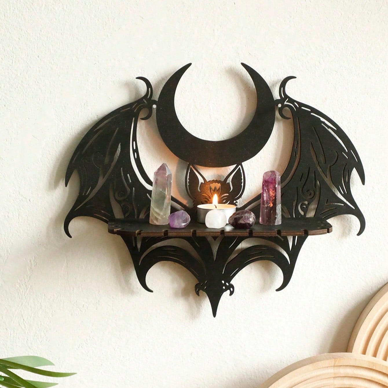 1pc Bohemian Style Bat Wing Shaped Wall Shelf, Crescent Design, Gothic Decor Wall Shelf, Suitable For Home Decor, Witch Theme Crystal Candle Display Rack, Handmade Black Metal And Wooden Wall Decor, Mixed Style Home Decor For Bedroom, Living Room And More