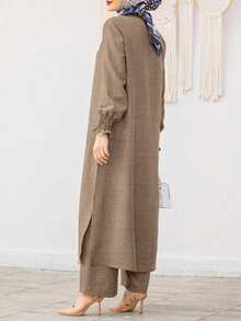 Spring/Summer/Autumn Round Neck Cardigan Elegant Solid Color Simple Casual Comfortable Dress Robe Top & Elastic Waist Arabian Long Pants 2pcs Set, Suitable For Garden Party, Commuting, Work - Brown - View 2