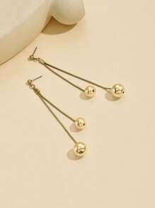 1 Pair Fashion Geometric Golden Double-Line Round Ball Pendant Design Earrings For Women, Unique Personalized Tassel Earrings, Versatile Daily Wear Jewelry