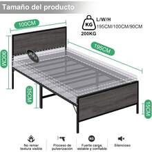 Base de Cama Individual,1M Cama Individual,Base de Cama con Cabecero y Pie de Cama,Bases para Camas Individuals,con Bases Camas Soporte de Lamas Metálicas,195CM*100CM*35CM (Gris) - GRIS - Ver 8
