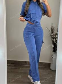 2pcs/Set Women Summer Casual Suit - Solid Color Hooded Short Sleeve Top And Elastic Waist Pocket Straight Leg Pants