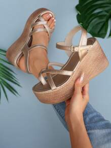 Sandalias de vestir de plataforma y cuña impermeables con diseño de tira tejida, nuevas para primavera/verano 2025, tacón grueso de moda para vacaciones en la playa