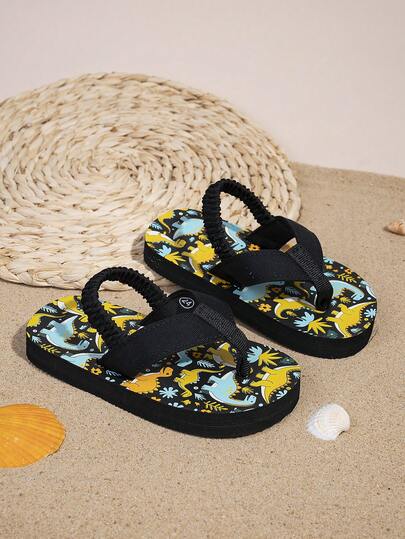 Baby Flip Flops With Elastic Band, Easy To Wear & Take Off, Cartoon Dinosaur Print, Soft & Comfortable, Thick Non-Slip Sole, Suitable For Indoor & Outdoor, Vacation Must-Have