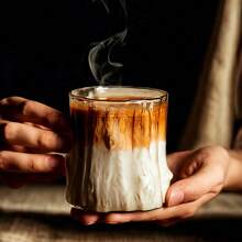 A Tree Stump Design Coffee Cup, 300ml Glass Cup, Large Wide Mouth Transparent Glass Teacup, Beautiful Striped Glassware For Coffee, Tea, Desserts, And Beverages