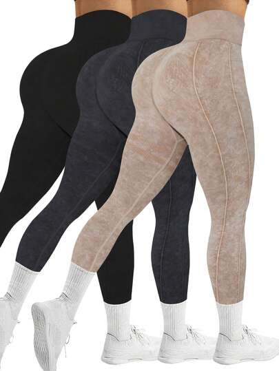 Conjunto de 3 pantalones deportivos sin costuras para mujer, estilo yoga, con lavado de arena, cintura alta, alta elasticidad, transpirables y que absorben la humedad, que realzan el trasero, versátiles, suaves y amigables con la piel