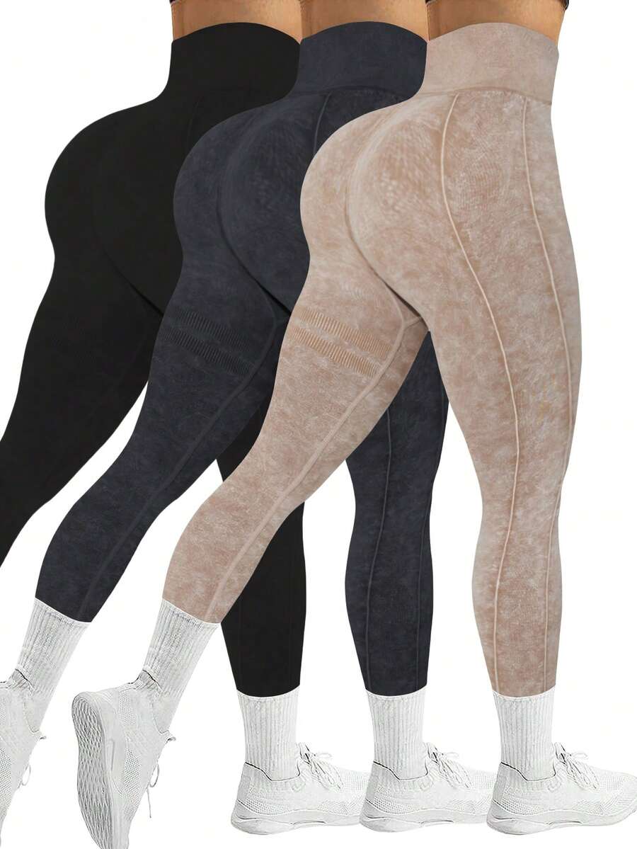 3Pcs/Set Women Seamless Outdoor Sandwashed Sports Yoga Pants, High Waist High Elasticity Breathable Moisture-Wicking, Peach Butt Enhancing, Versatile Leggings, Soft & Skin-Friendly Tights Spring - Nhiều màu - Xem 1