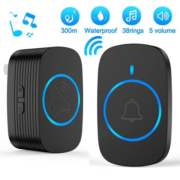 1 Set Wireless Doorbell, 38 Chimes, 5 Volume Levels, 1 Button And 1 Receiver, Suitable For Home, Apartment, School And Office