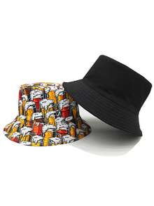 Casual Summer Beer Pattern Printed Bucket Hat, Unisex Beer Music Festival Bucket Hat - A - View 9