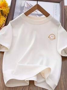 Boys' Casual Round Neck Short Sleeve T-Shirt With Embroidery, Versatile Top For Kids & Teens - White - View 2