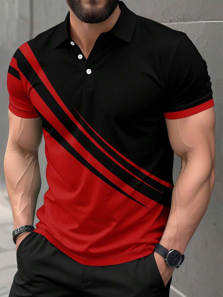 男士条纹短袖休闲通勤 Polo 衫，春夏 - 紅色 - 查看 1