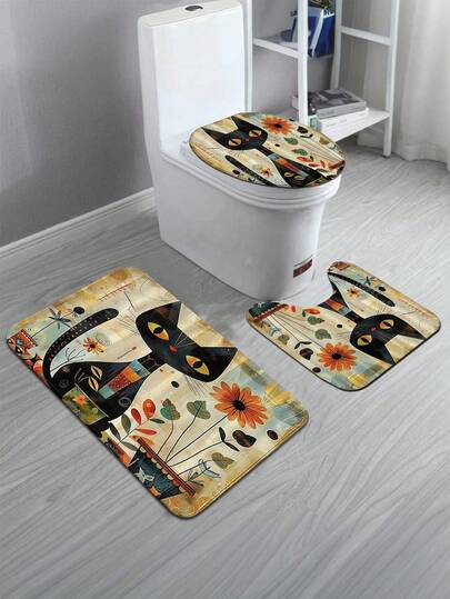 1/3件套黑色防滑向日葵浴室垫套装，马桶座套，吸水浴室地毯装饰