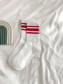 1 Pair Red Striped Pattern Personalized Mid-Calf Socks, Soft & Comfortable For Outdoor Sports, Christmas Gift - White With Red Stripes - View 14