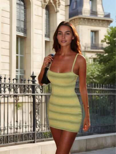 女式针织条纹印花海滩度假复古性感休闲迷你连衣裙，春夏