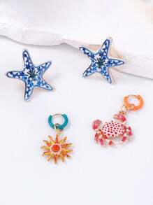 4pcs/Set Creative Starfish & Crab Drip Oil Zinc Alloy Exquisite Earring Set, Lightweight Luxurious Versatile Women Accessories