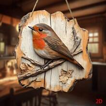 Segno da parete in legno piatto 2D a forma di uccello pettirosso, stile rustico di fattoria, con foglie e rami autunnali, perfetto per cucina, vacanze, bar, porta e decorazione portico di casa