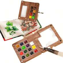 9pcs Mini Wooden Watercolor Kit, With 1 Grid 8/15 Grid Wooden Magnetic Palette Box, 6 Brushes, 1 Clip, 1 Portable Sketchbook - For Travel Watercolors,Back To School,School Supplies - Sets - View 7